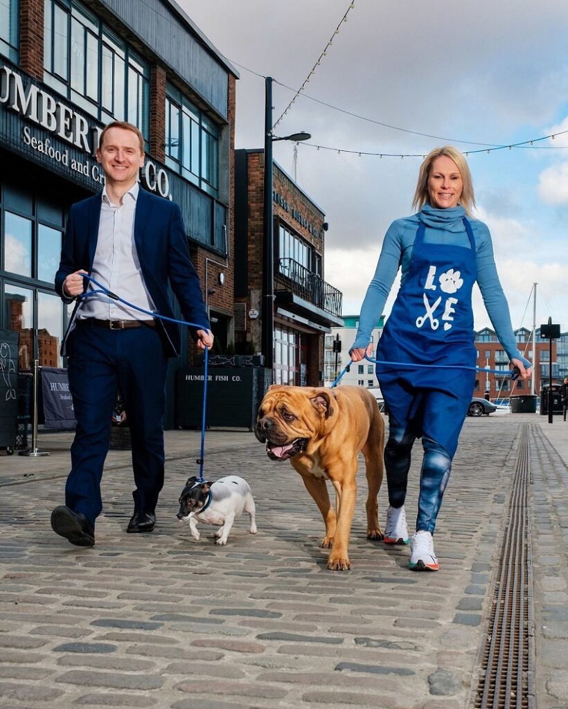 Stacey and Tom walk dogs Hooper and Wally in Humber Street